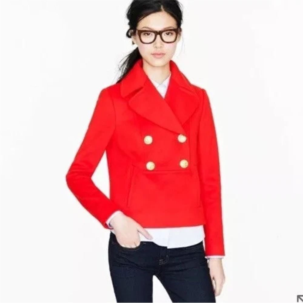 J. Crew Pea Coat Womens Red 100% Wool Nello Gori Gold Button Classic Sz 4